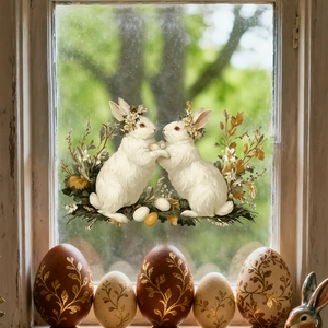 Easter static window cling featuring cute bunnies and colorful eggs for festive decoration