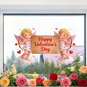 Valentine's Day window stickers featuring two cupids with Happy Valentine's Day sign