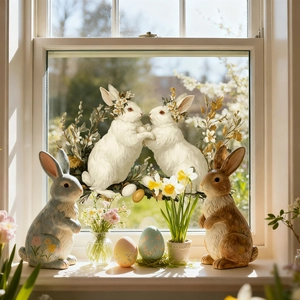 Easter gnome rabbits and floral eggs static window stickers applied on a glass pane
