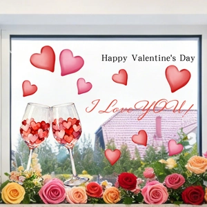 Detail of Valentine's Day static window clings with pink hearts and wine glass designs
