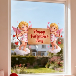 Macro detail of Cupid window clings with Happy Valentine's Day text on glass