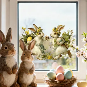Detailed view of Easter bunny window clings displayed on a bright glass pane with decor