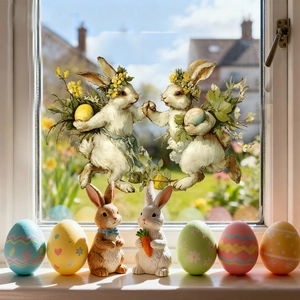 Detailed Easter window decals with dancing rabbits and colorful patterned eggs on glass