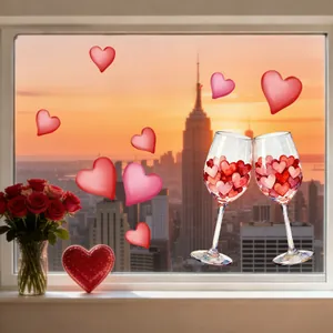 Pink heart window stickers with romantic sunset city skyline view for Valentine Decor