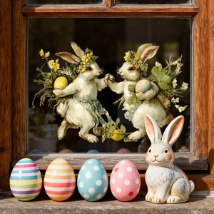 Easter bunny static window clings with colorful eggs and hand-drawn rabbit patterns