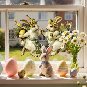 Detailed view of Easter bunny window clings applied to glass with festive home decorations