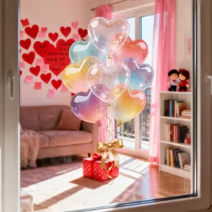 Detail of colorful macaque heart balloon window stickers with gold glitter and ribbons
