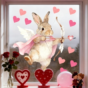 Detail of Cupid bunny static window decal with pink hearts for Valentine's day decor