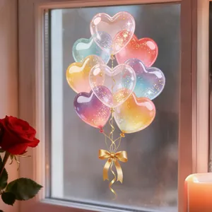 Detail of glittery rainbow heart balloon window decals with gold ribbons for Valentine's Day