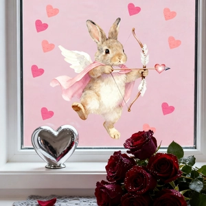 Detail of pink watercolor bunny cupid window sticker with heart accents and red roses