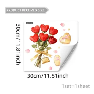 Watercolor red rose heart bouquet and gold gift box static window decal, 30x30cm size