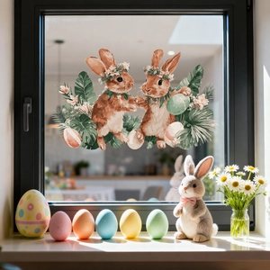 Easter bunny and colorful eggs static window clings on a glass frame with floral accents
