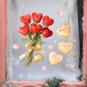 Detail showing hand-painted watercolor rose heart bouquet and gold gift box window stickers