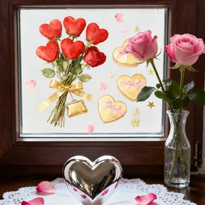 Detail of rose and heart stickers on wooden window frame with romantic gold stars decor