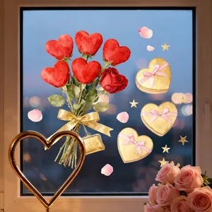 Romantic Valentine heart balloon static window stickers with rose bouquet for glass decor