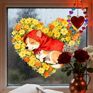 Detail of heart-shaped corgi static window cling on glass with rain drops background