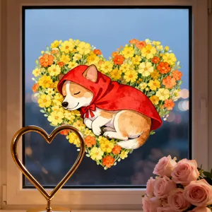 Watercolor Corgi dog in heart floral wreath static window sticker for home decor