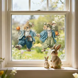 Double-sided Easter bunny window clings with vintage watercolor rabbit illustrations