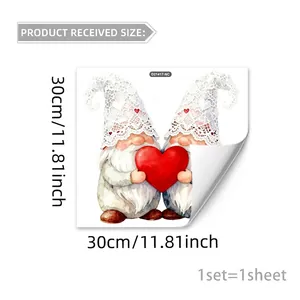 Detailed size guide for 30cm square watercolor gnome stickers with red heart design
