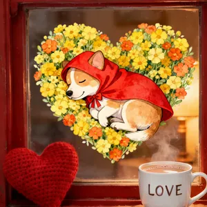 Watercolor Corgi puppy window sticker in a heart-shaped floral wreath for home decor