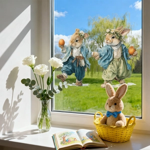 Detail of Easter window decals featuring charming rabbits in blue pastoral outfits on glass