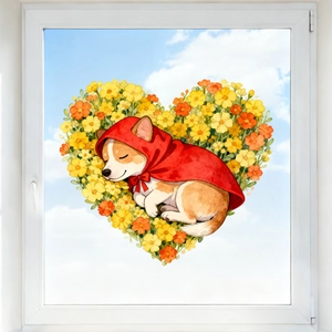 Detail of cartoon Corgi in red cloak on heart flower window sticker against blue sky