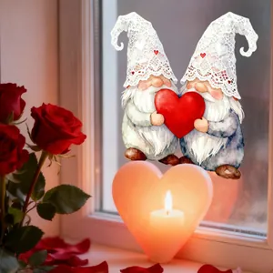 Romantic watercolor gnomes with red heart and lace hats for Valentine window decoration