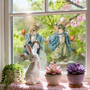 Close-up of Easter window clings with vintage rabbits on glass for holiday decor