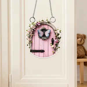 2D platte acryl wandplaque met roze sprookjesdeur en vlinder tuin decoratie