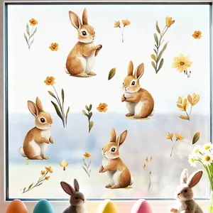 Easter Bunny Rabbit Window Clings Static Stickers Cute Watercolor Flower Easter Egg Decals For Glass Window Home Decor