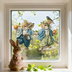 Detail of Easter static window clings with rabbits in vintage outfits on a glass pane