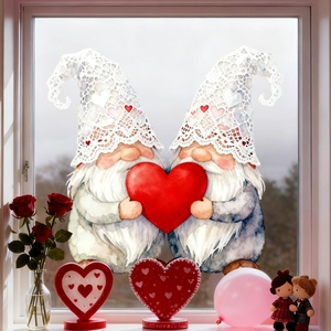 Watercolor Valentine gnomes with red heart static window clings displayed on a glass pane