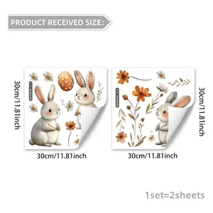 Detailed sheet layout of two 30x30cm watercolor Easter bunny and floral window stickers
