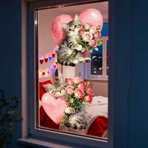 Cozy bedroom scene featuring watercolor cat window stickers with hearts and roses on glass