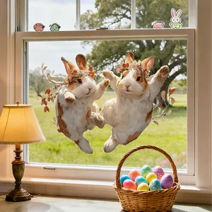 Detailed realistic Easter bunny window clings with floral crowns on a glass surface