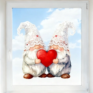 Detail of watercolor Valentine gnomes with red heart on electrostatic window sticker