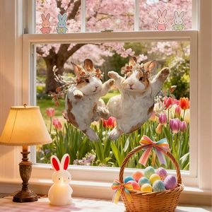 Easter window clings featuring bunnies and colorful eggs on glass with garden background