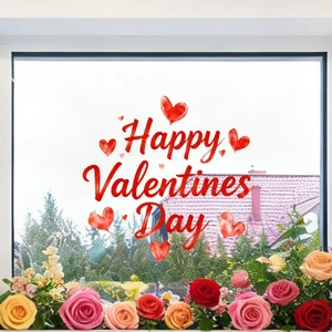 Romantic Happy Valentine's Day static window decals with red hearts and floral garden backdrop