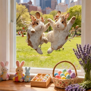Close-up of Easter bunny window clings with floral wreaths on glass for spring decor