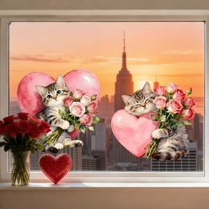 Close-up of cute watercolor cat static window stickers for Valentine's home decor