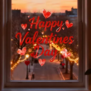 Happy Valentine's Day static window clings with red watercolor hearts for home decor