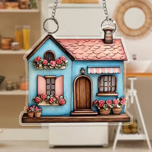 Letrero Colgante de Acrílico Plano 2D Rústico para Decoración Casa Jardín Placa Bienvenida Animal Casa Madera Con Cadena