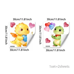 Detail of two watercolor dinosaur wall stickers with hearts for kids room decoration
