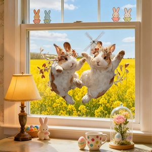 Detail showing double-sided cartoon rabbit window stickers with floral crowns for Easter