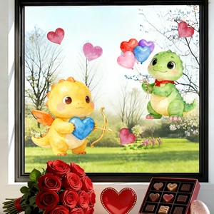 Detail of cartoon dinosaur window stickers with cupid hearts for Valentine home decor