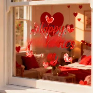 Detail of red Happy Valentines Day static window stickers with hearts on glass surface