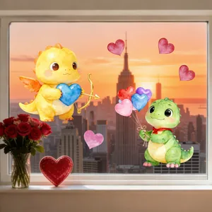 Detail of pink hearts and watercolor dinosaur window clings for Valentine's home decor
