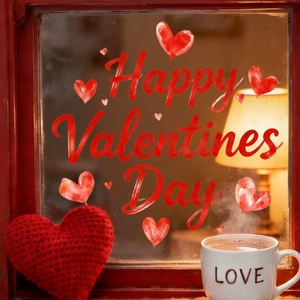 Detail of Happy Valentine's Day static window stickers with red hearts on a warm glass window