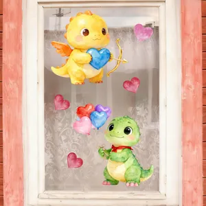 Detail of cartoon dinosaur window stickers with cupid heart and balloons on white glass frame