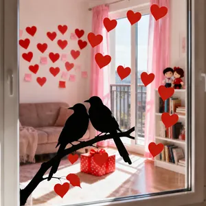 Pegatinas de corazones rojos y siluetas de pájaros en cristal para hogar romántico